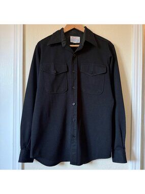 Vintage 70's 'Creighton U.S. Navy'  Button Down Black Shirt Sz 16-35